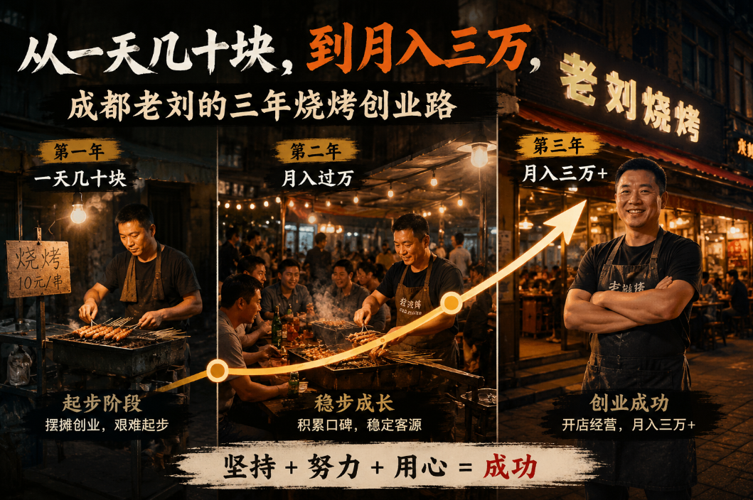 从一天几十块，到月入三万，成都老刘的三年烧烤创业路。